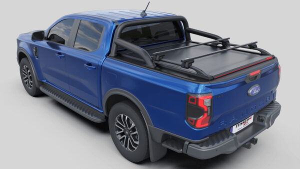 Tessera Roll+ Laderaumabdeckung Rollverdeck "Basic" manuell für FORD Ranger T6.2 P703 2023+ D/C (double cab) mit OEM Überrollbügel TESS 14060 ROLL black matt